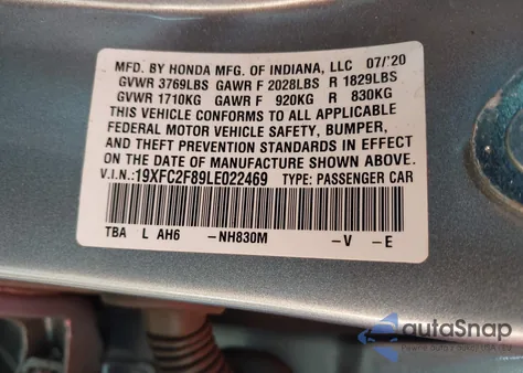 2020 Honda Civic Sport from USA, damaged, VIN 19XFC2F89LE022469